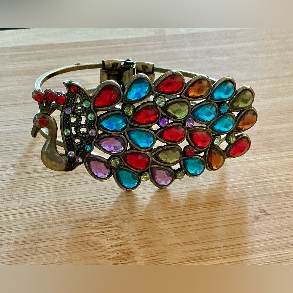 VTG Multicolor Rhinestone Peacock Gold/Brass Tone Cuff Hinged Bracelet Clamper